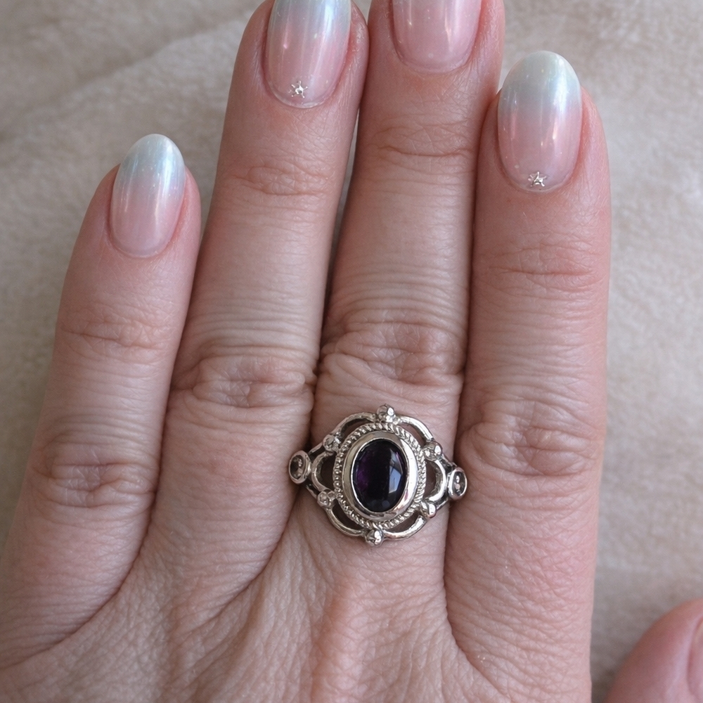 Sterling Silver Amethyst Statement Ring Ornate Openwork Filigree Size 7.5